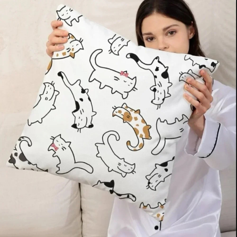 Pillow Cover Cat Print Zip Close Large Square White Tan Black Multicolor 17.7 in